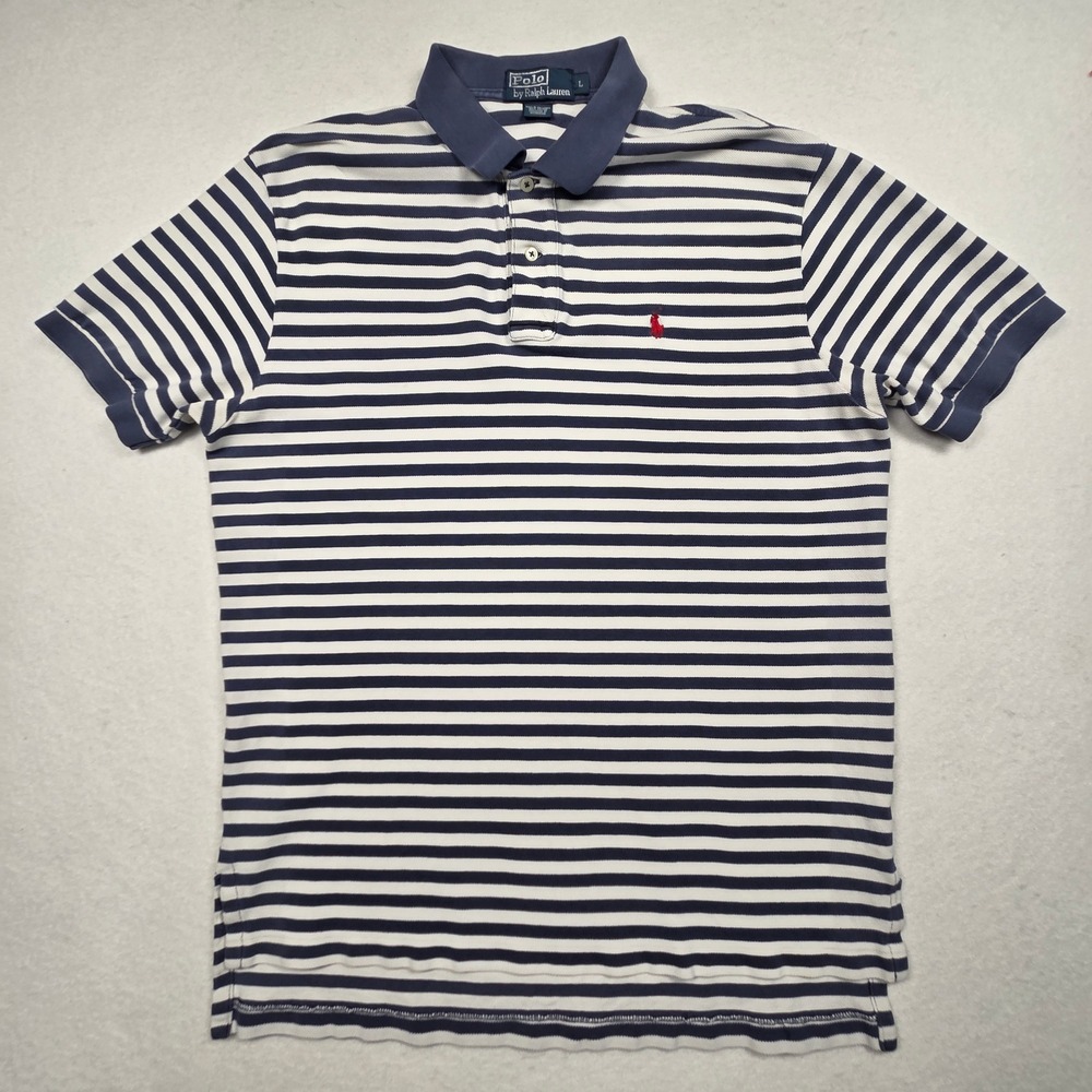 Vintage 90s Polo Ralph Lauren Polo Shirt L Blue White Striped Short Sleeve Vtg